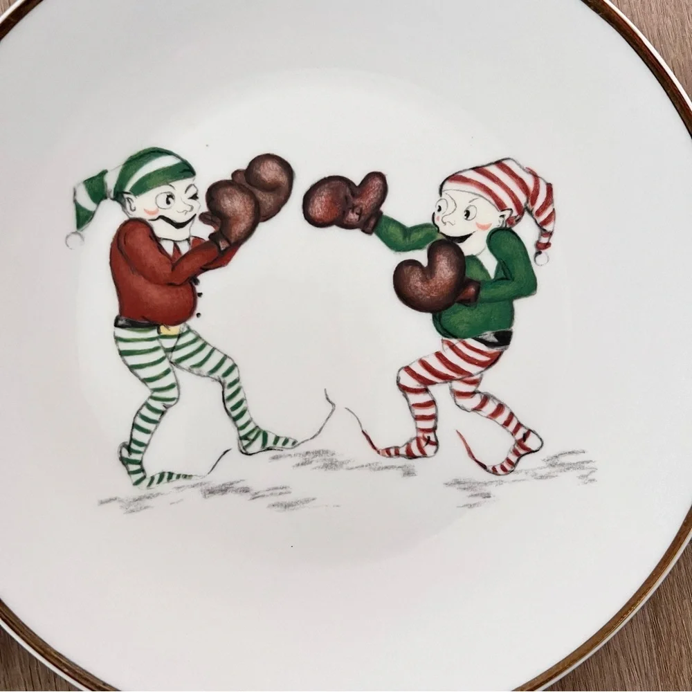 RARE Restoration Hardware NAUGHTY ELF Boxed Set‎ of 6 Dessert Salad Plates Vtg